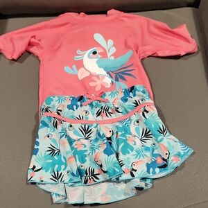Girls Coral Parrot Rashguard Swim Set with Teal Parrot Skirt
